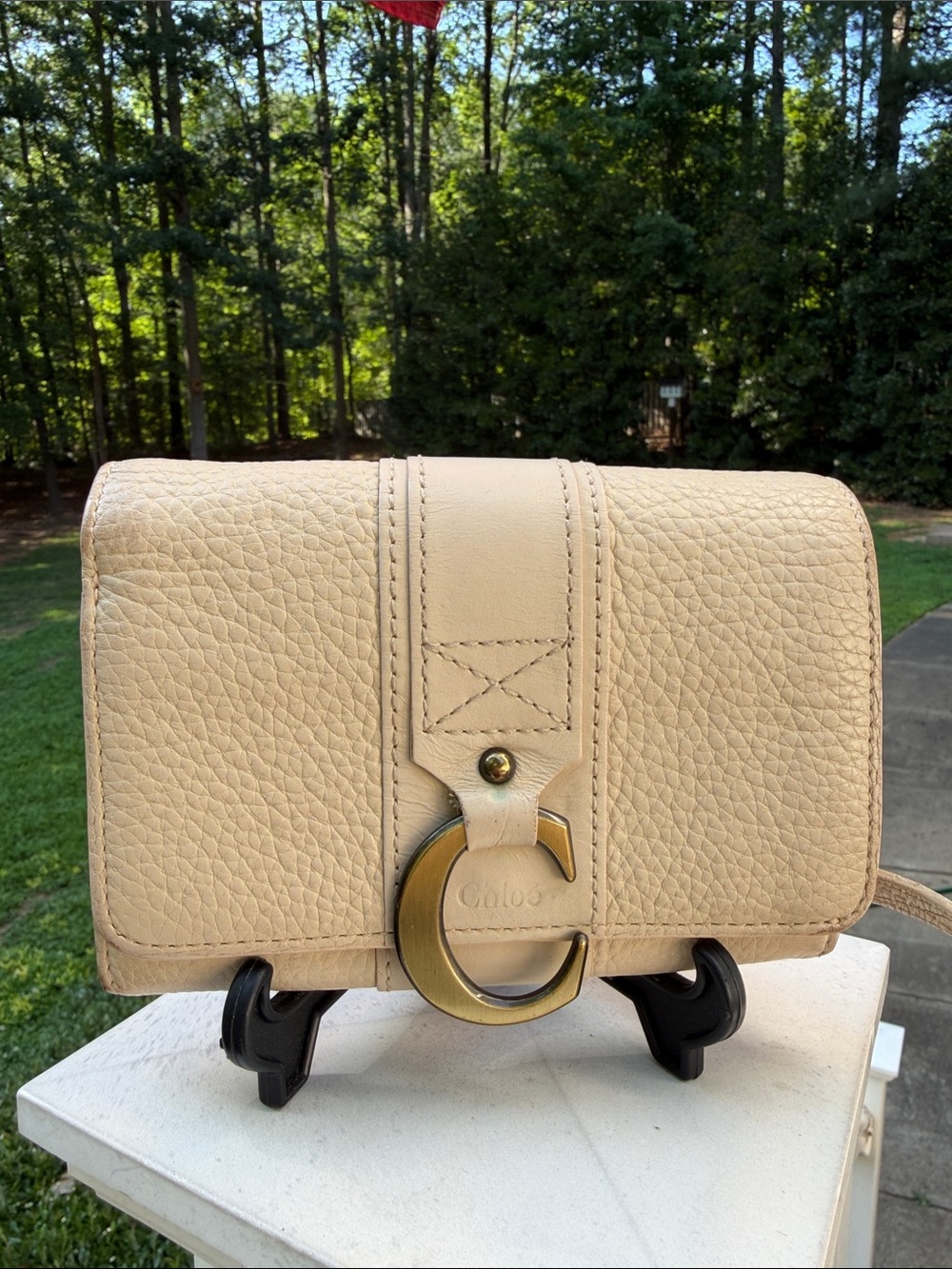 Chloe Cream Leather Compact Wallet with Gold C Logo